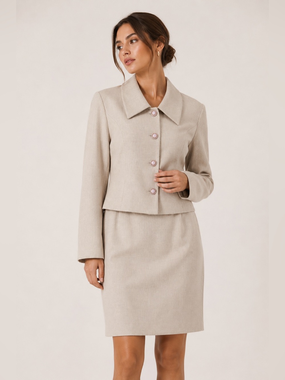 Echo Beige Rayon Skirt Suit Set Vintage Career Office Blazer Pencil Skirt 38